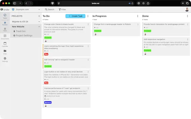 Screenshot showing the kanban board with tasks in different columns.